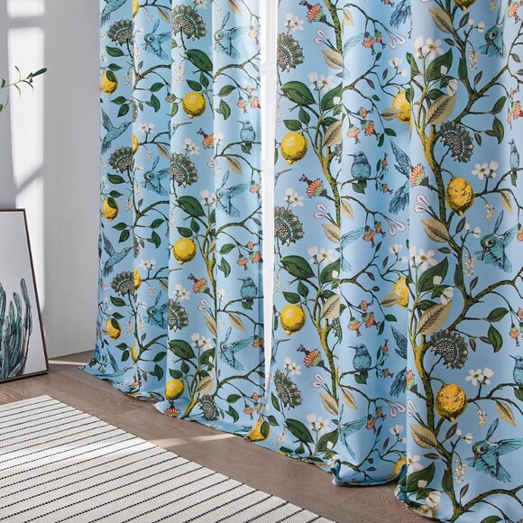 Floral Lemon Hummingbird Curtains Patterned Waverly Mid-Century Style - Picture 7 of 10